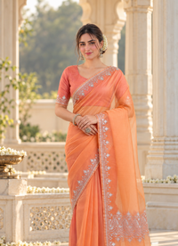 Madhuri Peach Organza Saree With Kashmiri Tilla Embroidery