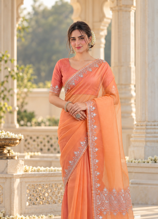 Madhuri Peach Organza Saree With Kashmiri Tilla Embroidery