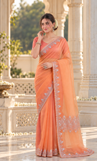 Madhuri Peach Organza Saree With Kashmiri Tilla Embroidery
