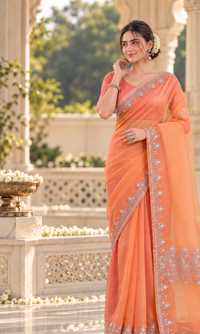 Madhuri Peach Organza Saree With Kashmiri Tilla Embroidery