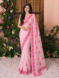 Noor  Blush Pink Organza Saree With Kashmiri Aari Embroidery