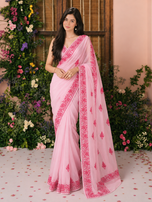 Noor  Blush Pink Organza Saree With Kashmiri Aari Embroidery