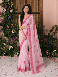 Noor  Blush Pink Organza Saree With Kashmiri Aari Embroidery