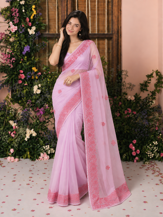 Noor Pink Organza Saree With Kashmiri Aari Embroidery