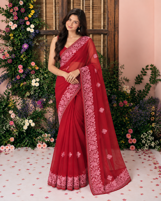 Noor Red Organza Saree With Kashmiri Aari Embroidery