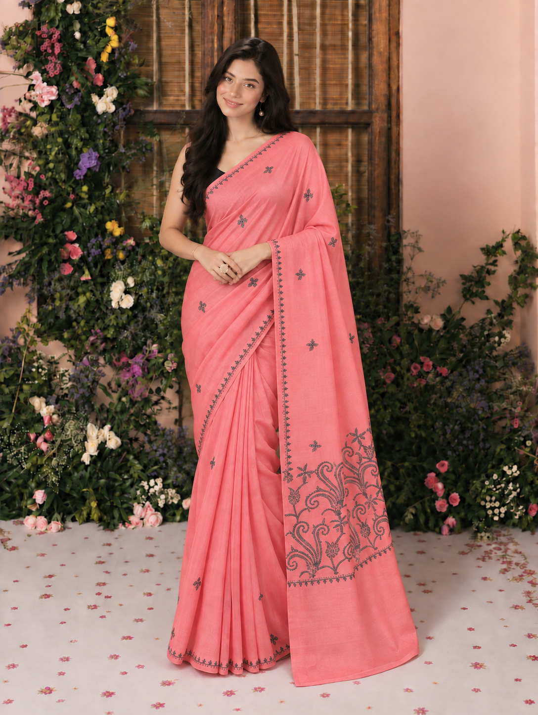 Naari Tussar Silk Pink Saree with Handmade Thread Work