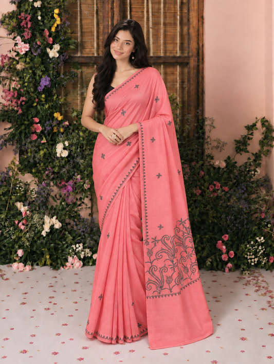 Naari Tussar Silk Pink Saree with Handmade Thread Work