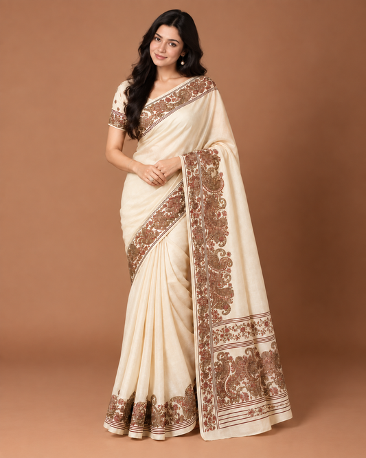 Naari Ivory Kashmiri Silk Printed Saree with Blouse