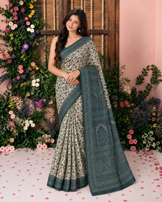 Naari Blue Kashmiri Silk Printed Saree with Blouse