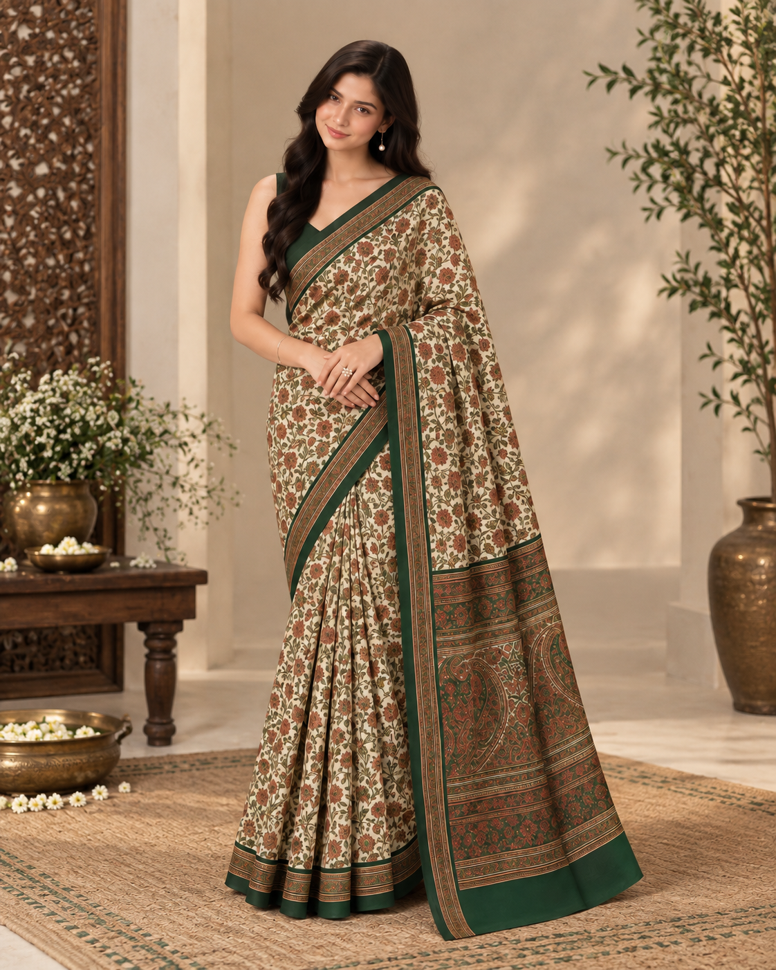 Naari Green Kashmiri Silk Kalamkari Saree with Blouse