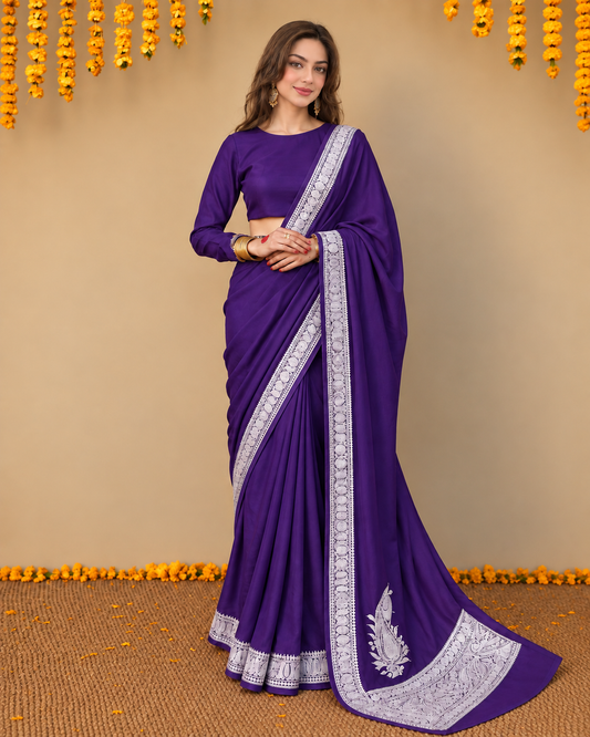 Mahren Purple Crepe Saree With  Premium Kashmiri Tilla Embroidery
