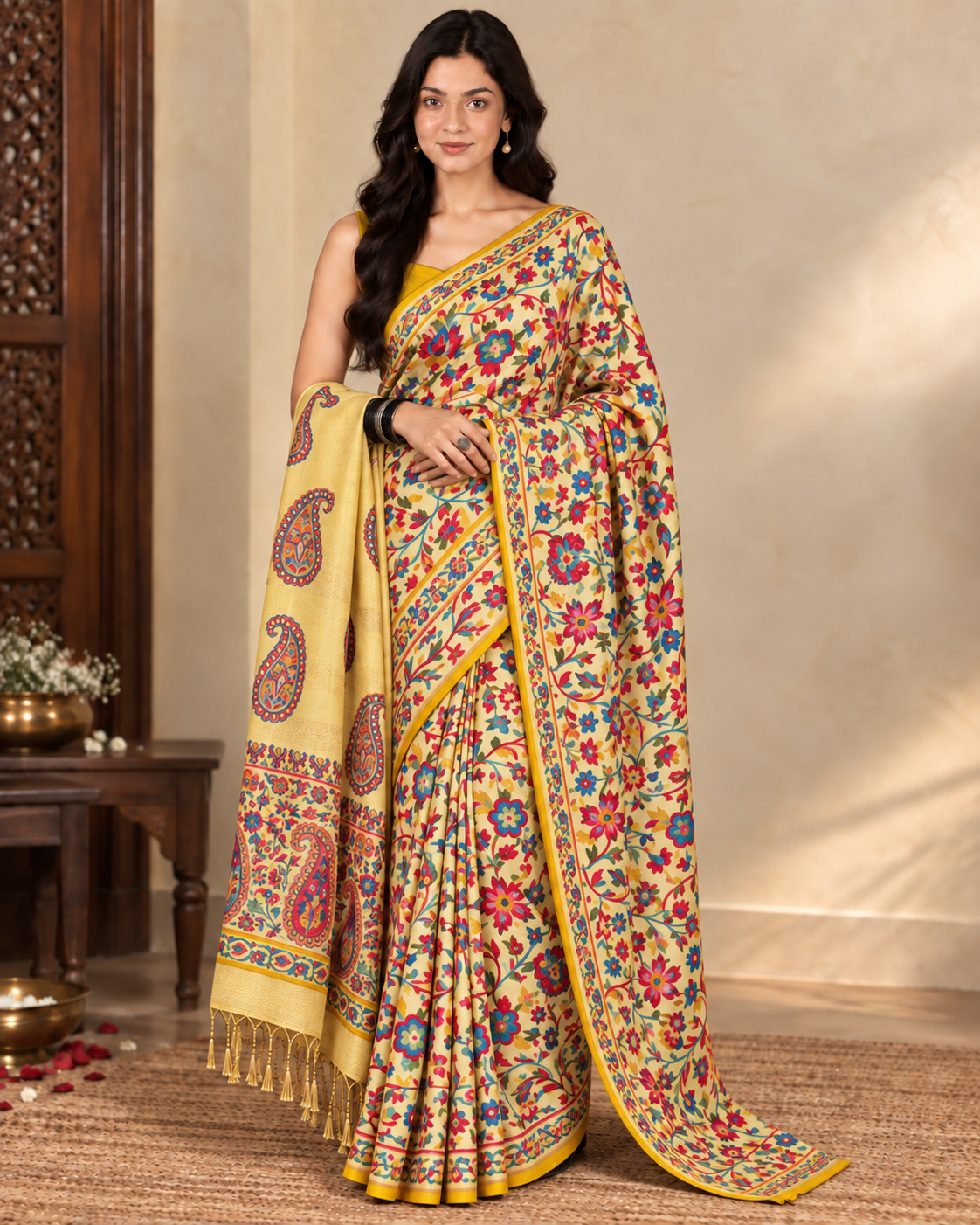 Lailaa Yelloe  Pashmina print Saree + Summer Shawl
