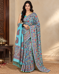 Lailaa Blue Pashmina print Saree + Summer Shawl