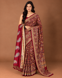 Lailaa Maroon Pashmina print Saree + Summer Shawl