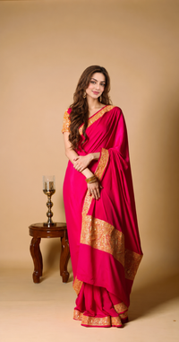 Mahren Rani Pink Crepe Saree With Kashmiri Tilla Embroidery