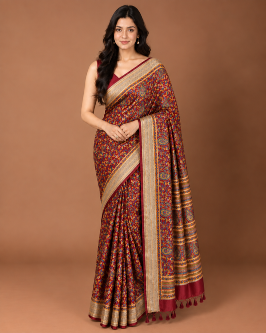 Lailaa Maroon Pashmina print Saree + Summer Shawl