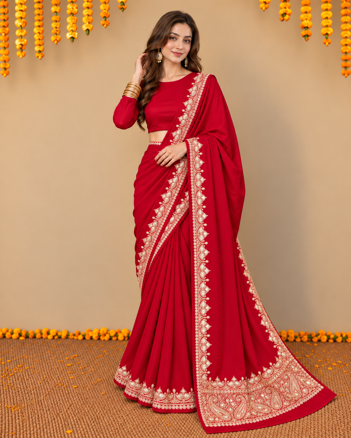 Nayna Red Crepe Tilla Saree with Kasmiri Tilla Embroidery
