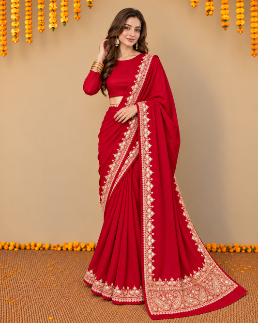 Nayna Red Crepe Tilla Saree with Kasmiri Tilla Embroidery