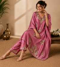 Lailaa Mauve Pink Silk Kaftan Set with Tilla-Aari Embroidery