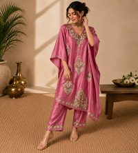 Lailaa Mauve Pink Silk Kaftan Set with Tilla-Aari Embroidery