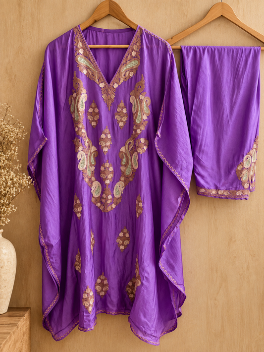 Lailaa Lavendar Silk Kaftan Set with Premium Embroidery