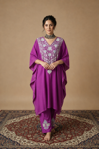 Heer Purple Long Aari Work Kaftan Set