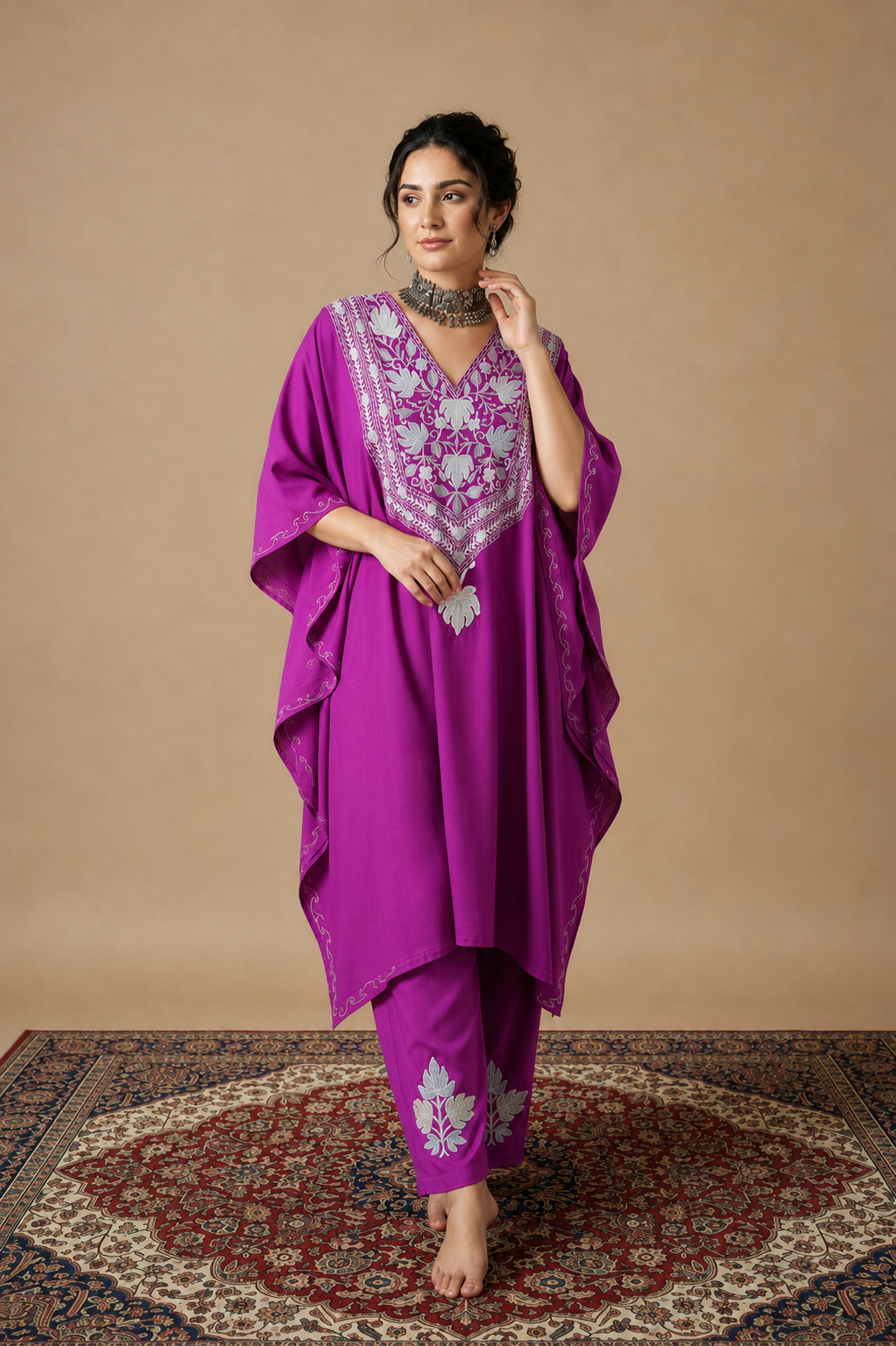 Heer Purple Long Aari Work Kaftan Set