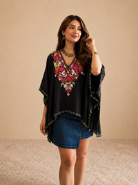 Lailaa Black Mini Kaftan Top with Multi Aari Embroidery