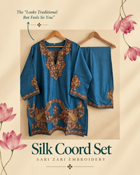 Pamposh Blue Silk Kurta-Set with Zari Tilla & Aari Embroidery