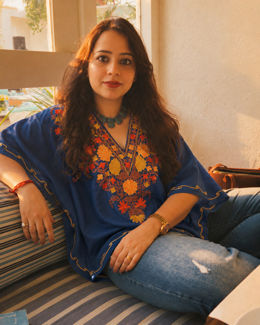 Posh Blue Mini Kaftan Top with Multi Aari Embroidery