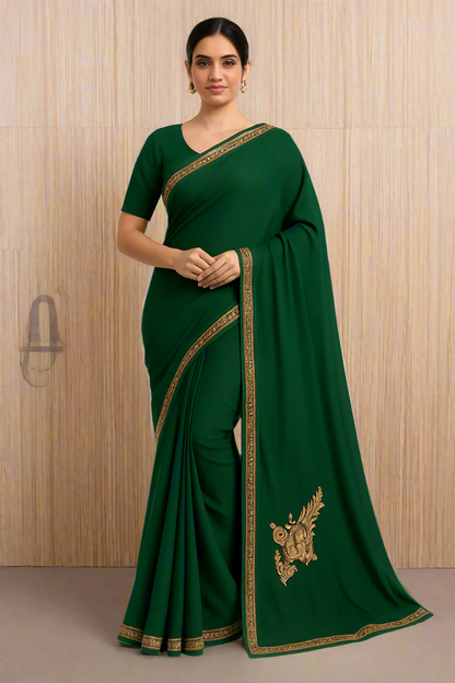 Omang Green Crepe Saree with Kashmiri Tilla Embroidery