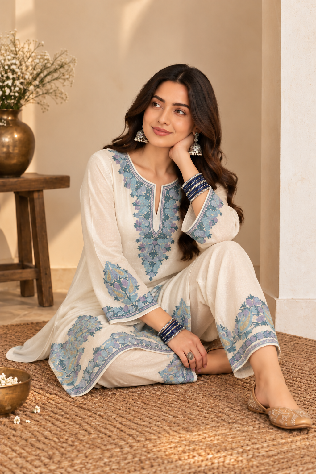 Pamposh White  Silk Kurta-Set with Zari Tilla & Blue Aari Embroidery