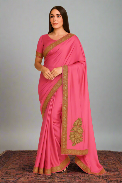 Mahren Pastel Noon Chai Pink  Crepe Saree With Kashmiri Tilla Embroidery