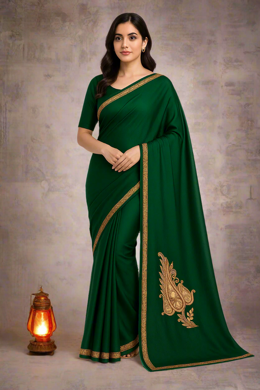 Omang Green Crepe Saree with Kashmiri Tilla Embroidery