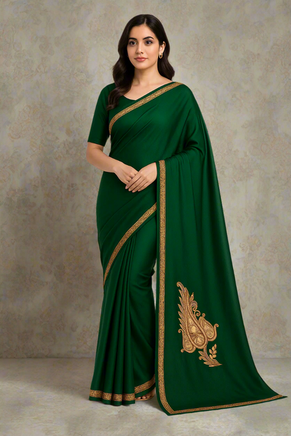 Omang Greenish Crepe Saree with Kashmiri Tilla Embroidery