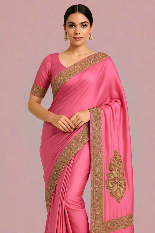 Mahren Pastel Noon Chai Pink  Crepe Saree With Kashmiri Tilla Embroidery