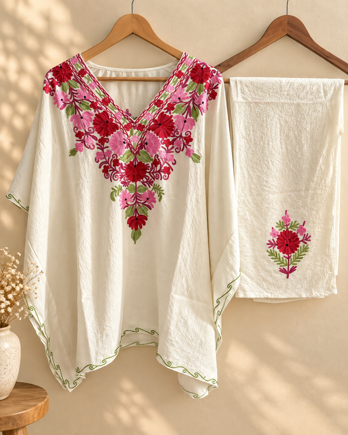 Posh White  Mini Kaftan Set with Multi Aari Embroidery