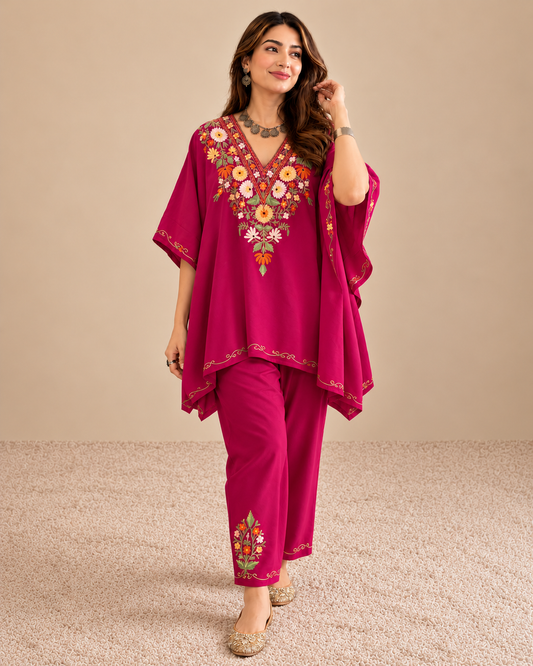 Lailaa Pink Short Kaftan Set with Aari Work Embroidery