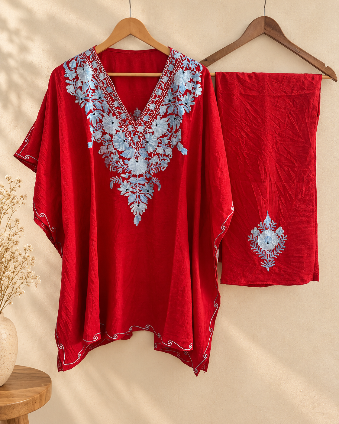 Posh Red  Mini Kaftan Set with Multi Aari Embroidery