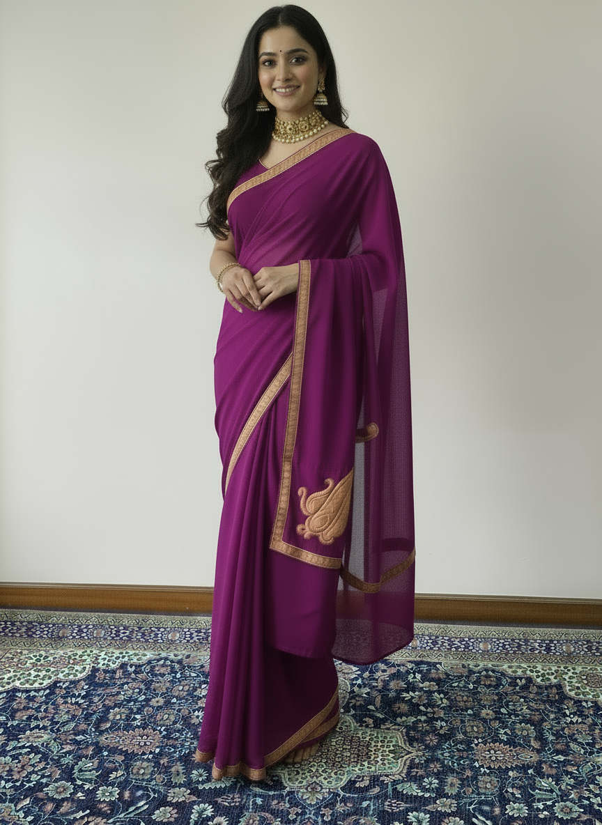 Omang Purple Crepe Saree with Kashmiri Tilla Embroidery