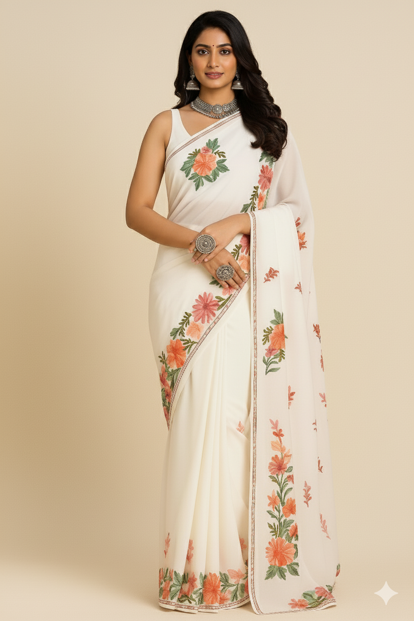 Naari White Kashmiri Aari work Saree