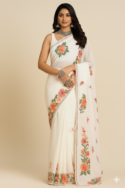 Naari White Kashmiri Aari work Saree