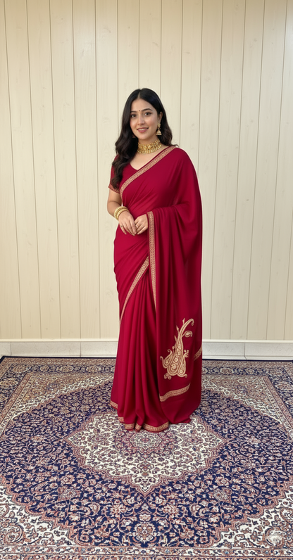 Omang Maroon Crepe Saree with Kashmiri Tilla Embroidery