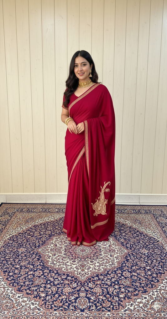 Omang Maroon Crepe Saree with Kashmiri Tilla Embroidery