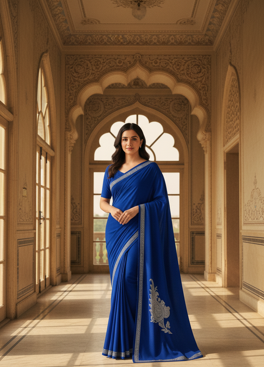 Omang Blue Crepe Saree with Kashmiri Tilla Embroidery