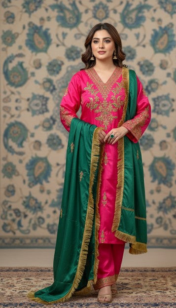 Leela Stitched Rani Pink Silk Suit Set with Tilla Embroidery & Green Dupatta