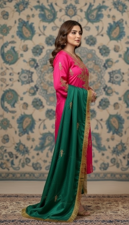 Leela Stitched Rani Pink Silk Suit Set with Tilla Embroidery & Green Dupatta