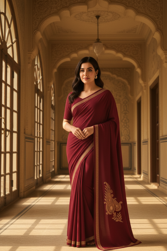 Omang Maroon Crepe Saree with Kashmiri Tilla Embroidery