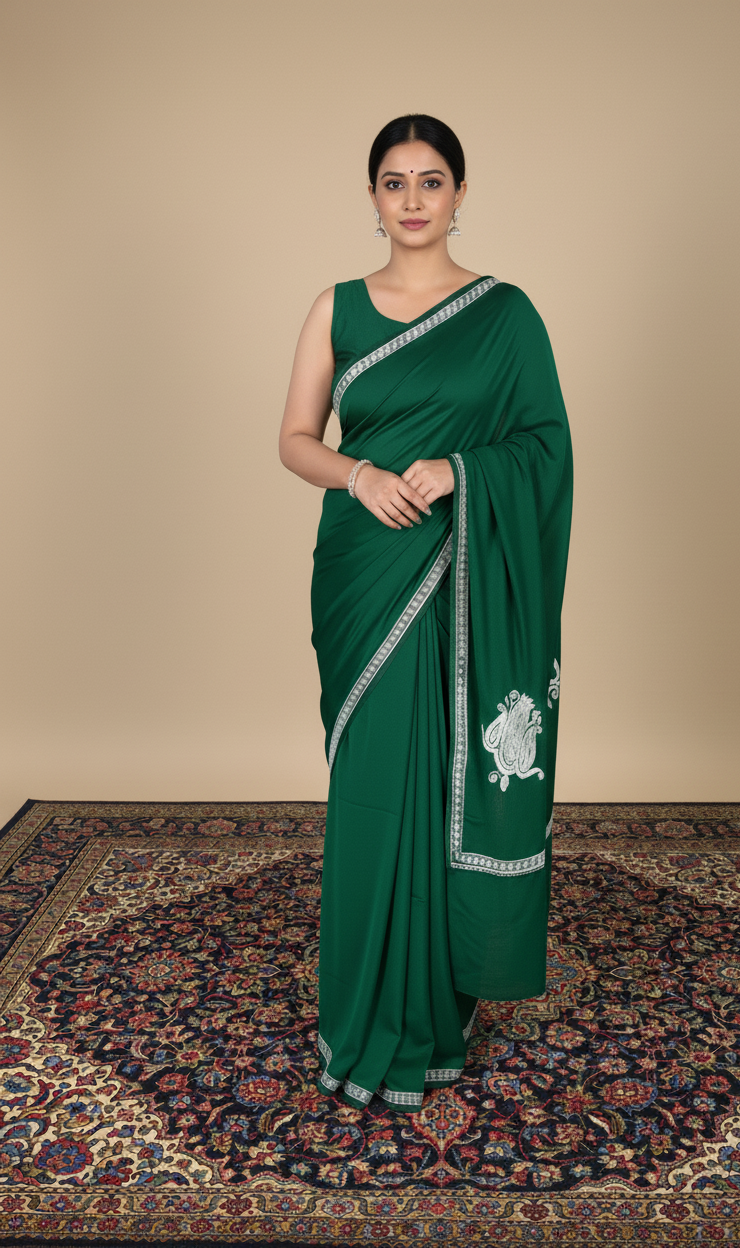 Omang Green Crepe Saree with Kashmiri Silver Tilla Embroidery