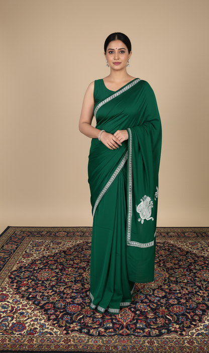 Omang Green Crepe Saree with Kashmiri Silver Tilla Embroidery